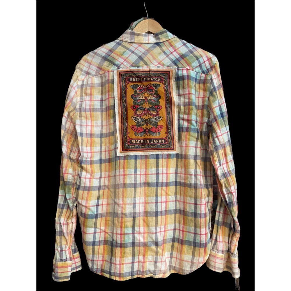 Plaid Button-Up Flannel Shirt w/ Vintage Safety Match Moth Patch Mens size M - Picture 2 of 7